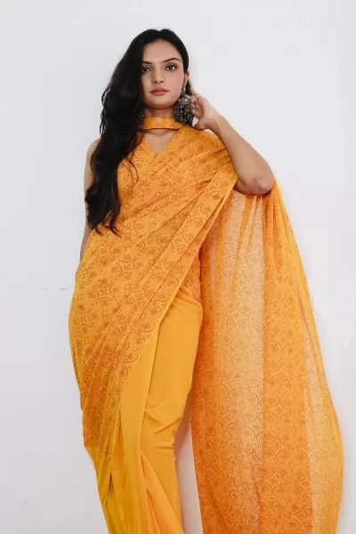 1 Min Yellow Georgette Bandhani Print Stitched Readymade Saree