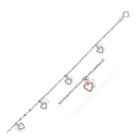 14k White and Rose Gold Anklet with Dual Heart Charms, size 10''