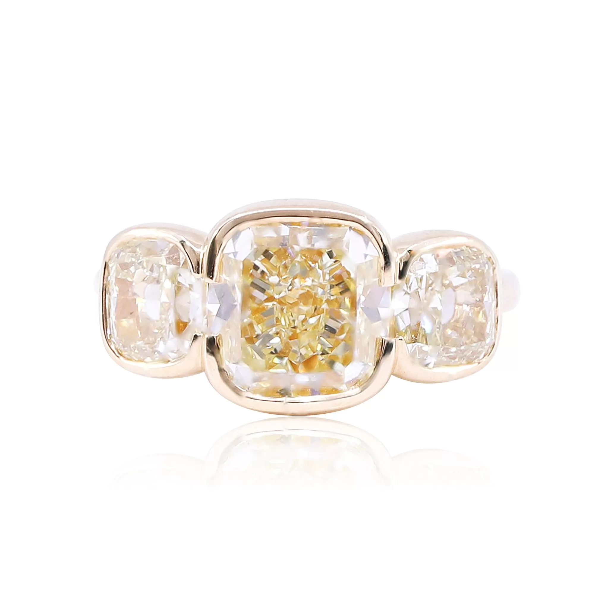 18K YELLOW GOLD CUSHION-CUT FANCY YELLOW DIAMOND THREE-STONE ENGAGEMENT RING - 5.55CTW