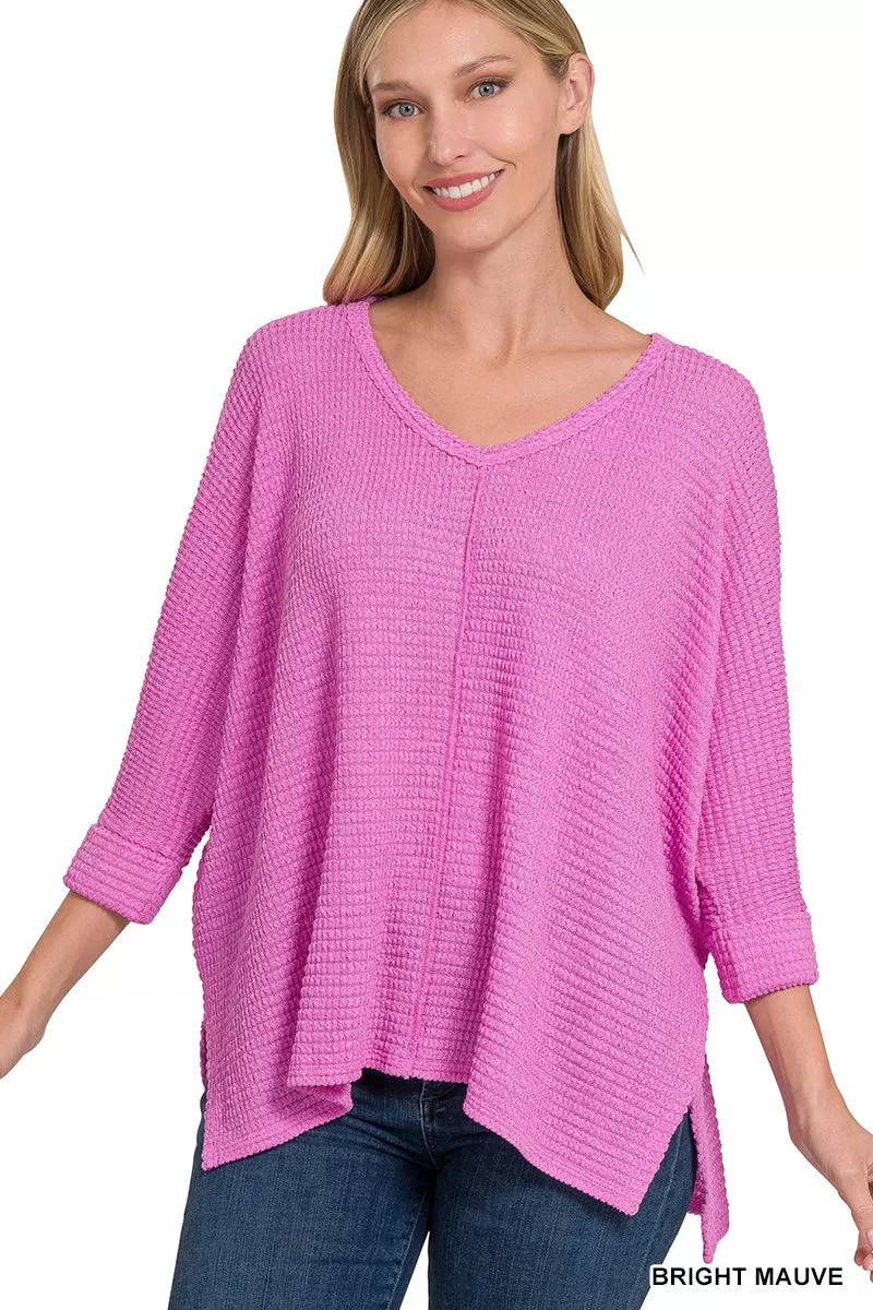 3/4 Sleeve V-Neck Waffle Top - Bright Mauve