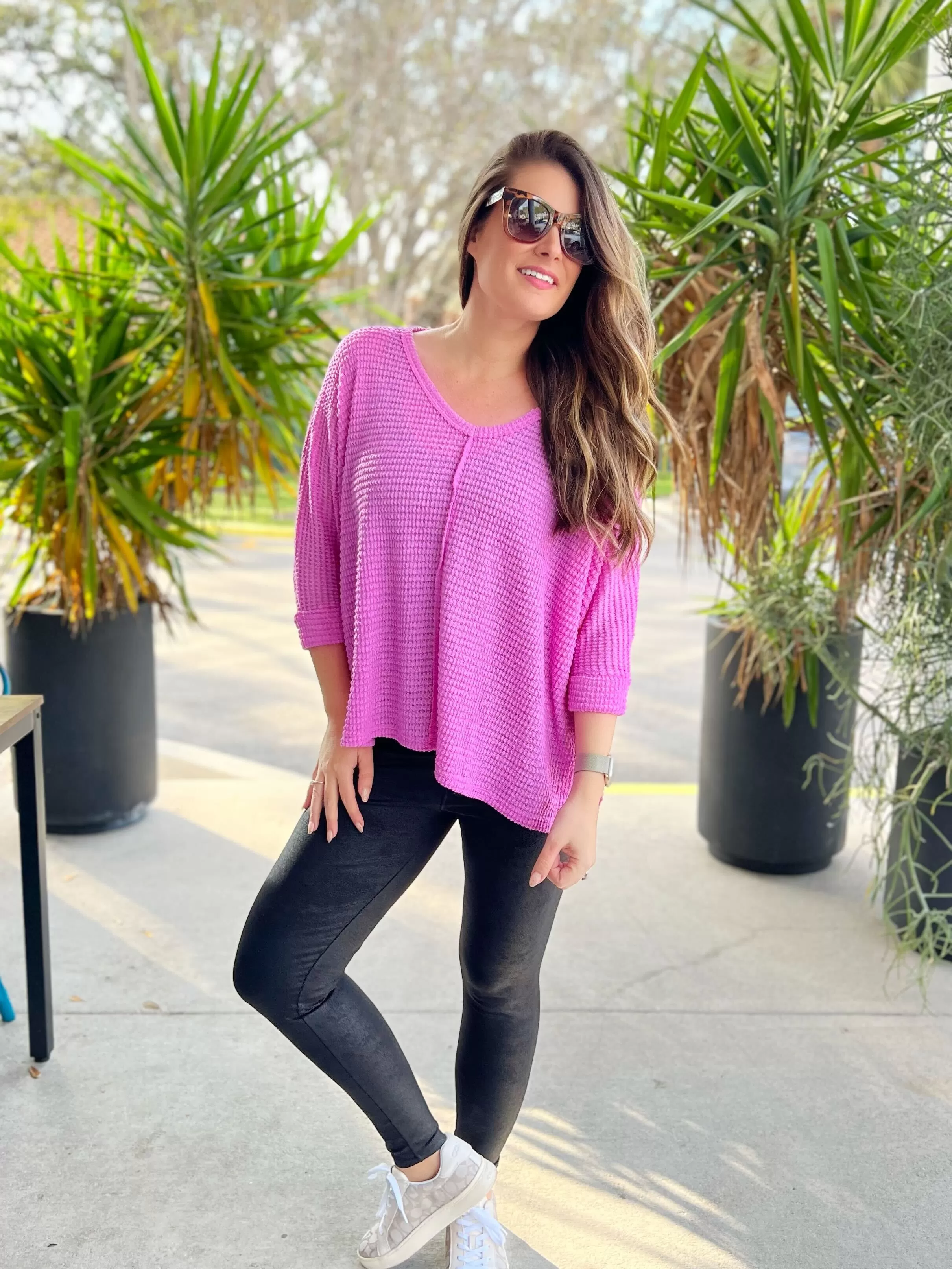 3/4 Sleeve V-Neck Waffle Top - Bright Mauve