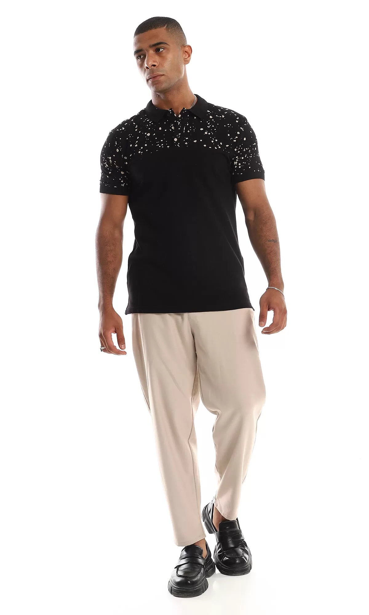 97720 Upper Splatter Cotton Polo Shirt - Black & Beige