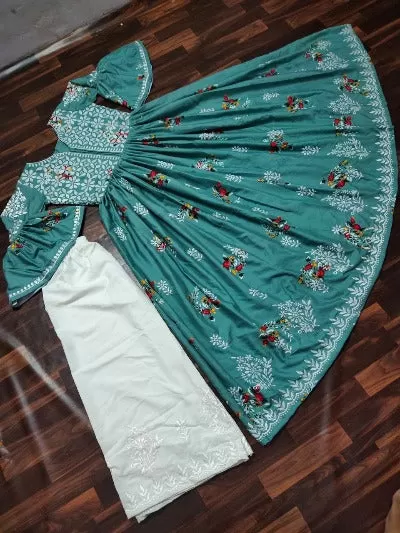 Aqua Green Soft Cotton Embroidered Bell Sleeves Kurti with Pant