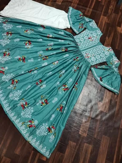 Aqua Green Soft Cotton Embroidered Bell Sleeves Kurti with Pant