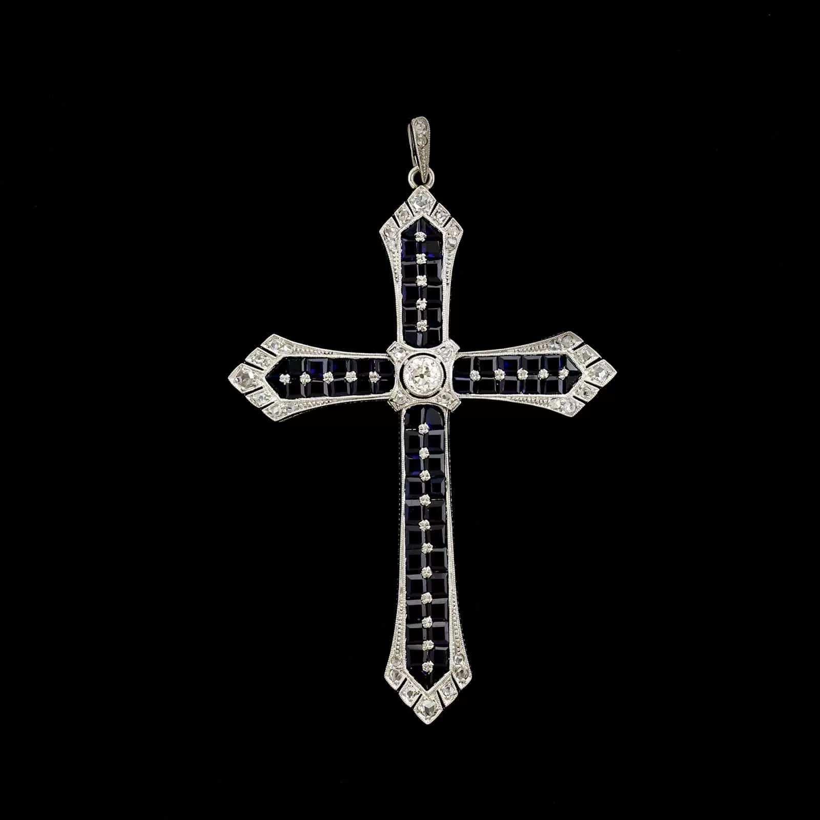 Art Deco Platinum Estate Synthetic Sapphire and Diamond Cross Pendant