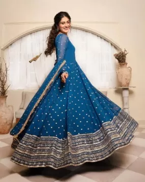 Blue Georgette Sequence Work Anarkali Suit Set UK Next Day