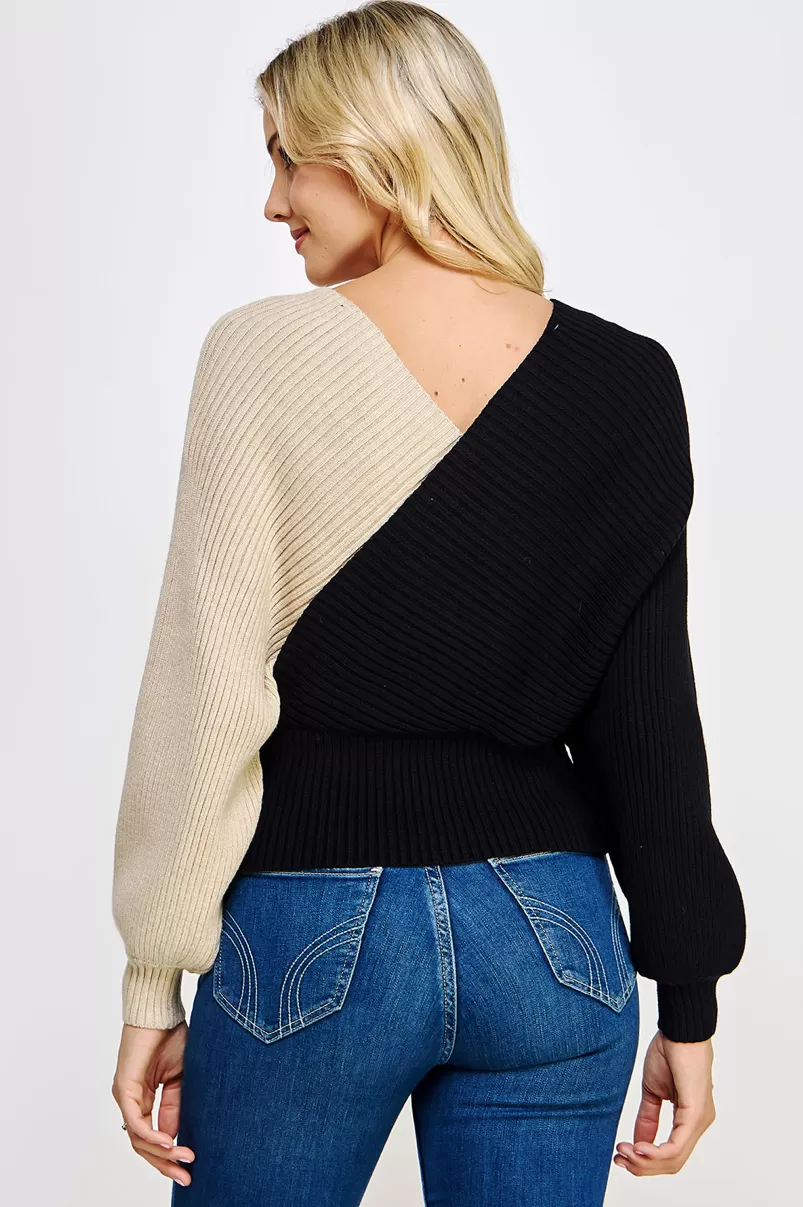 Color Block Wrap Surplice Sweater