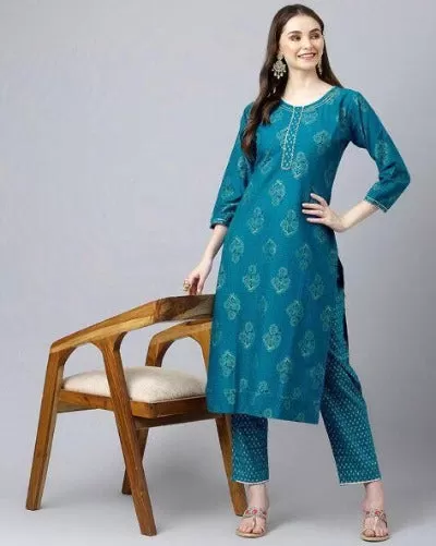 Cotton Foil Print Kurti Pant Set