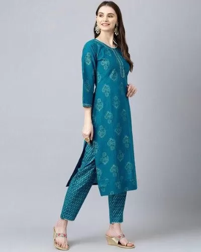 Cotton Foil Print Kurti Pant Set