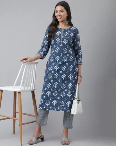 Cotton Foil Print Kurti Pant Set