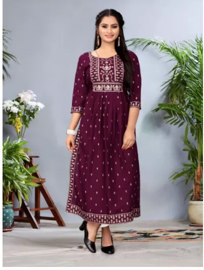 Dark Red Foil Print Cotton Kurti for Women