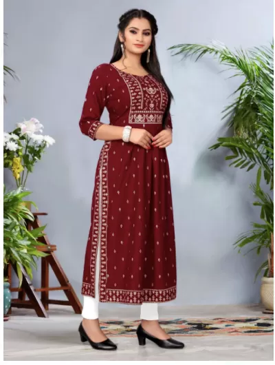 Dark Red Foil Print Cotton Kurti for Women