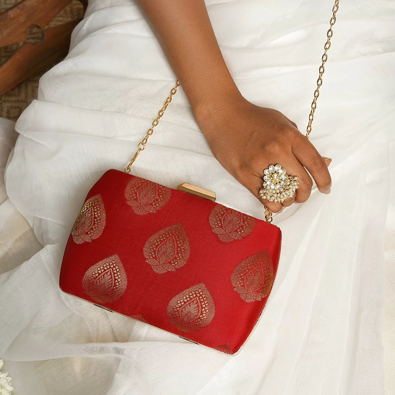 Festive Dream Red Brocade Fabric Clutch