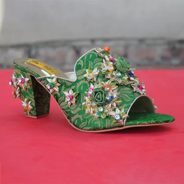 Green Fancy Heel Slippers for women