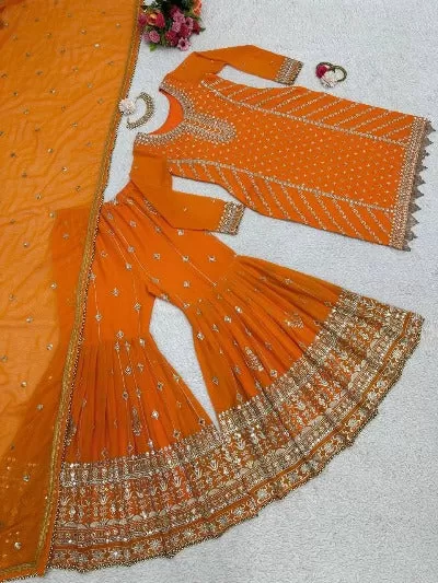 Haldi Reception Embroidery Kurta-Sharara Dupatta Set