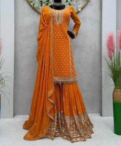 Haldi Reception Embroidery Kurta-Sharara Dupatta Set