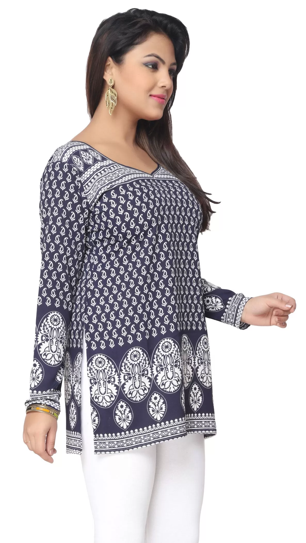 India Short Kurti Women's Kurta Printed Indian Clothing (Blue)