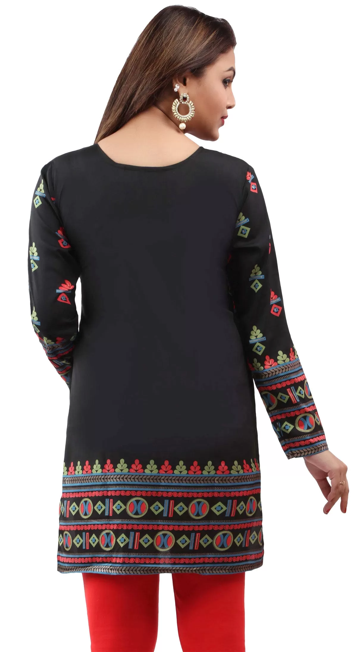 India Womens Tunic Top Kurti Printed Indian Clothing (Black)