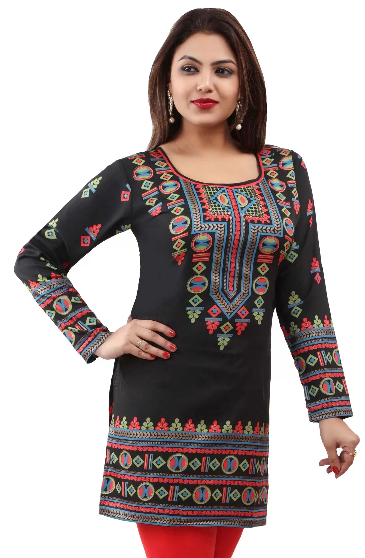 India Womens Tunic Top Kurti Printed Indian Clothing (Black)