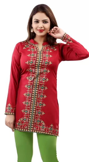 India Women's Tunic Top Kurti Printed Indian Clothing (Red)