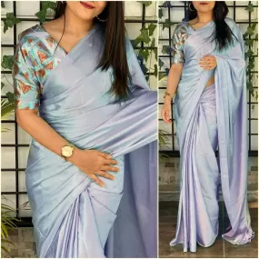 Japan Satin Plain Light Grey Fancy Saree With Sequins Satin Blouse