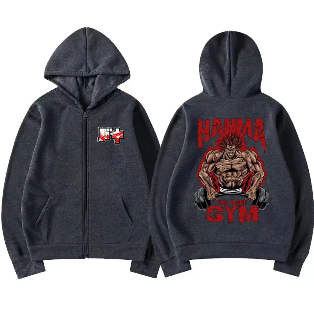 Japanese Anime Baki The Grappler Zipper Hoodie Unisex Vintage Oversized Manga Yujiro Hanma Sweatshirt Men Casual Zip Up Jacket