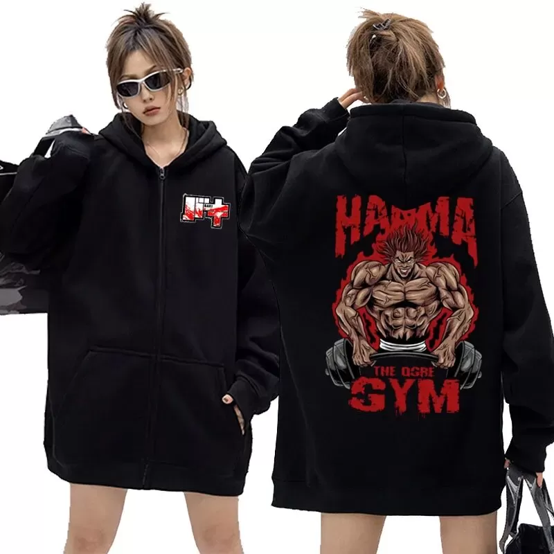 Japanese Anime Baki The Grappler Zipper Hoodie Unisex Vintage Oversized Manga Yujiro Hanma Sweatshirt Men Casual Zip Up Jacket