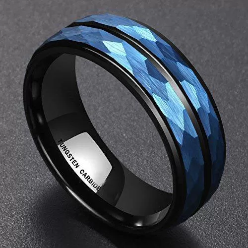 Men’s 8 mm Blue Hammered Tungsten Carbide Ring Black Two Tone Wedding Band Groove Step Edge Comfort Fit