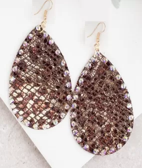 Metallic Brown Leopard Teardrop Earrings with Bling Trim