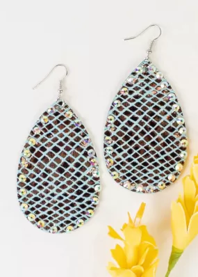 Metallic Turquoise  Leopard Teardrop Earrings with Bling Trim