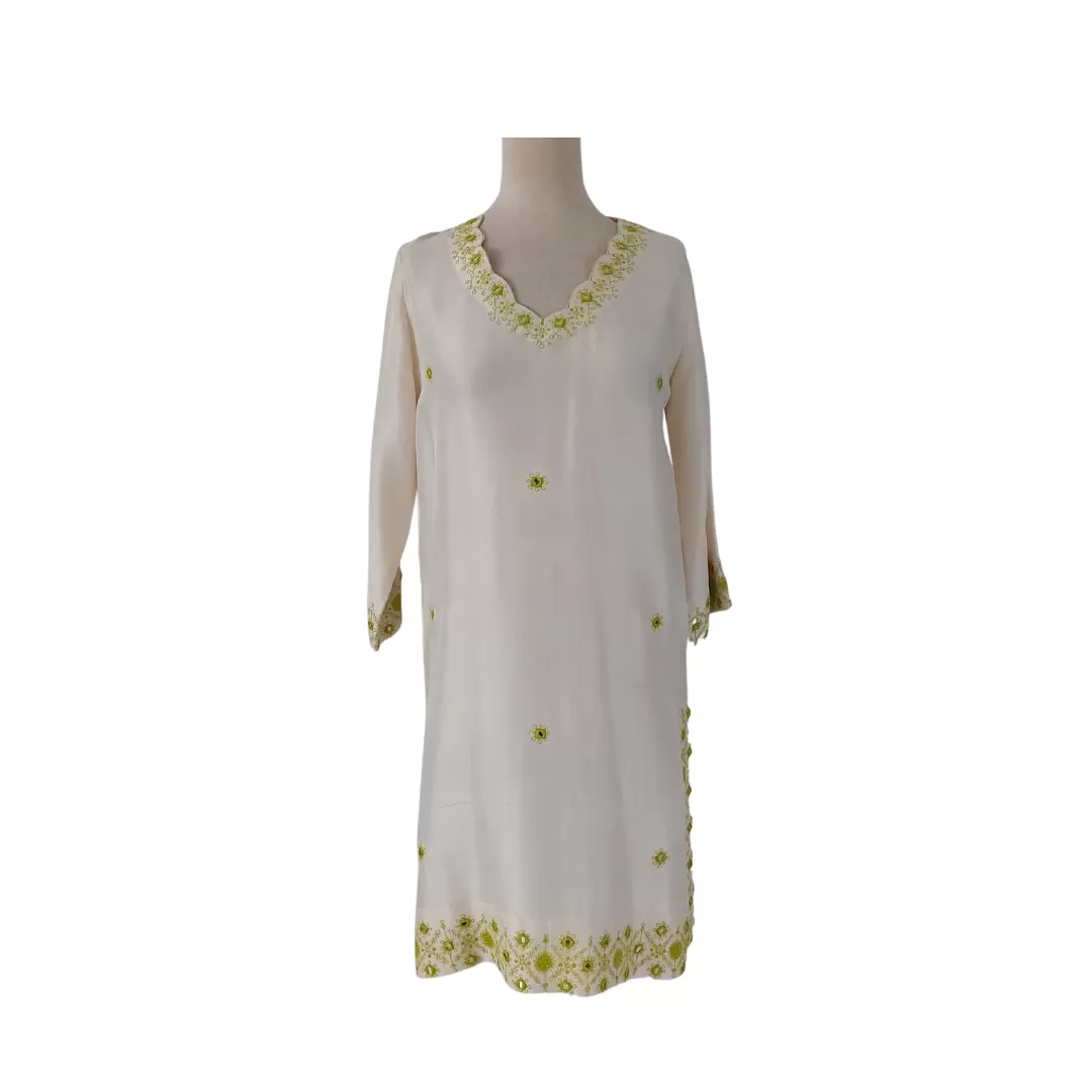 Miraka by Misha Lakhani Cream and Green Mirrorwork Silk Kurta | Pre Loved |