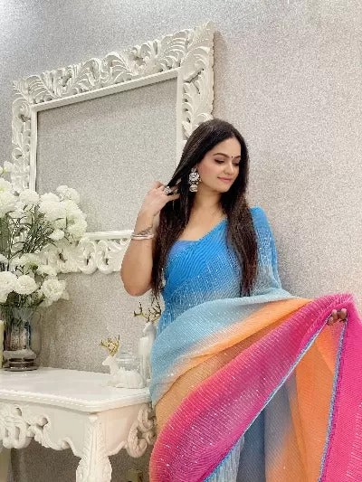 Multicolour Soft Georgette Crushed Sequenced Saree