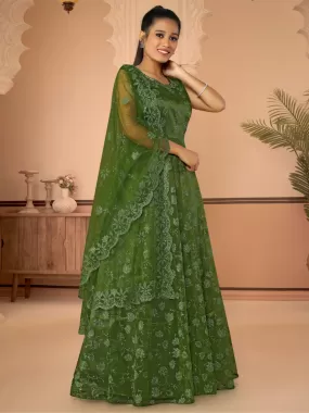 Odette Green Net  Embroidered Stitched Gown  for Women