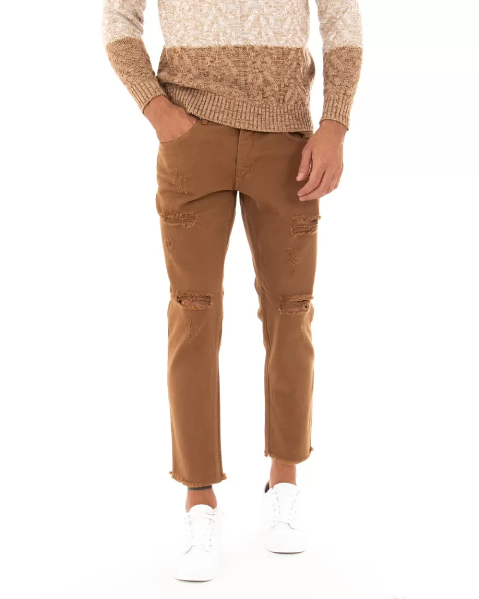 Pantaloni Jeans Con Taglio Al Ginocchio Uomo Slim Fit Tabacco Casual GIOSAL-P4031A