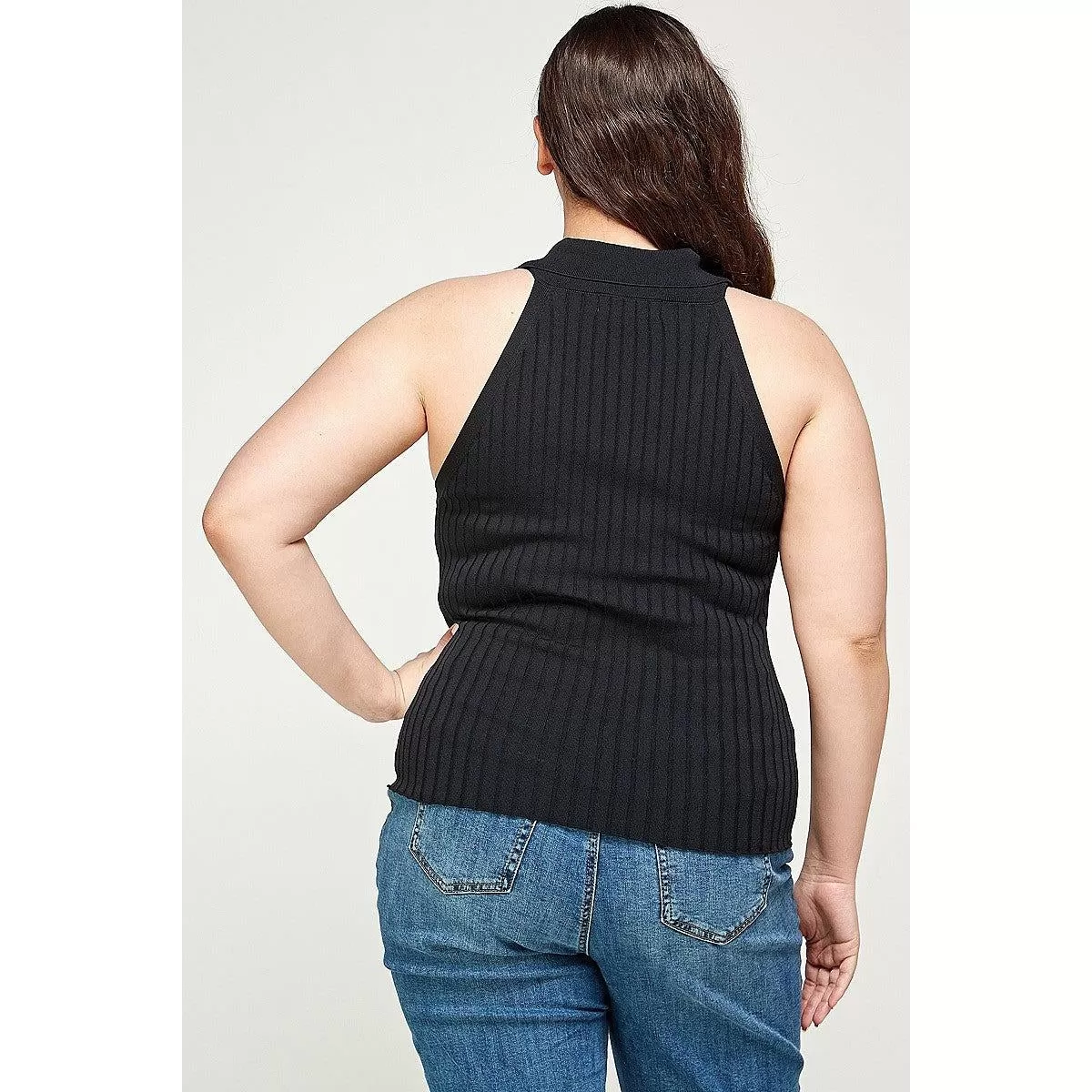 Plus Size, Solid Ribbed Knit Polo Sleeveless Top