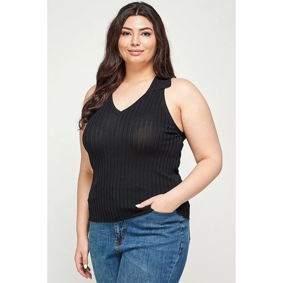 Plus Size, Solid Ribbed Knit Polo Sleeveless Top