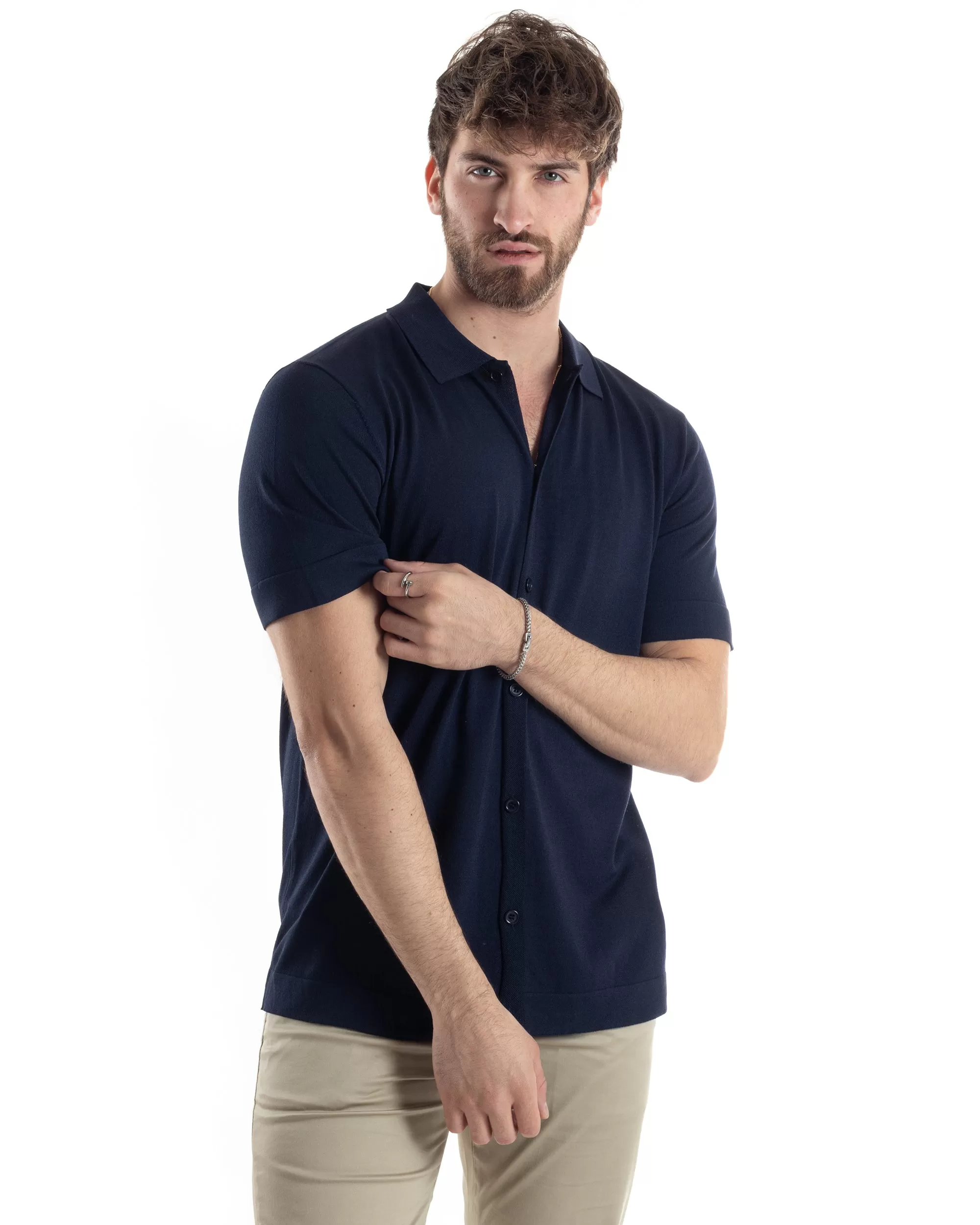 Polo Filo Uomo Cardigan Bottoni T-Shirt Con Colletto Blu Casual GIOSAL-TS3018A