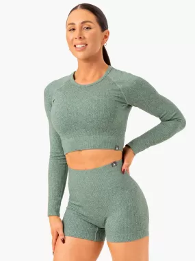 Rib Seamless Long Sleeve Top - Green Marl