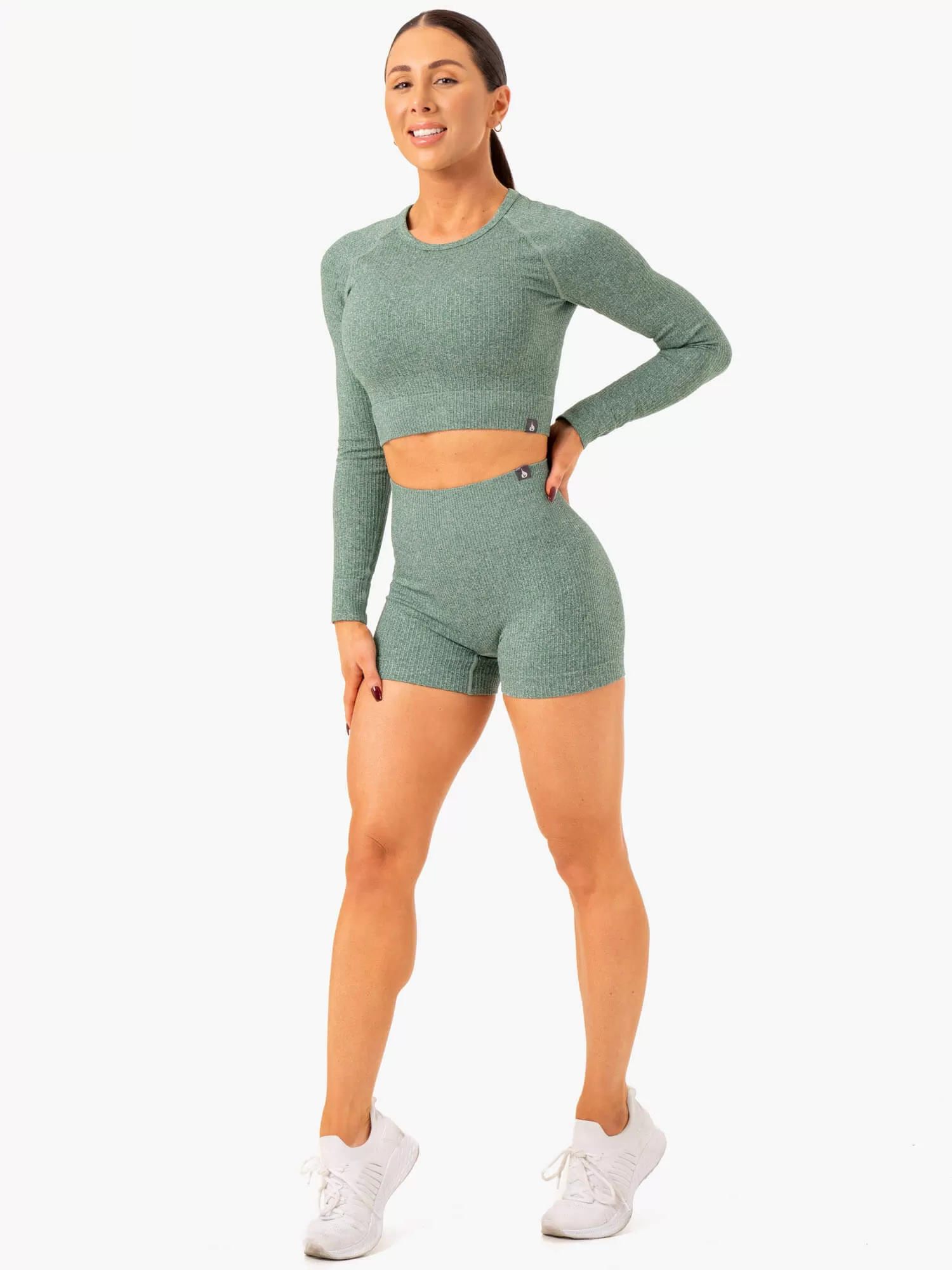 Rib Seamless Long Sleeve Top - Green Marl