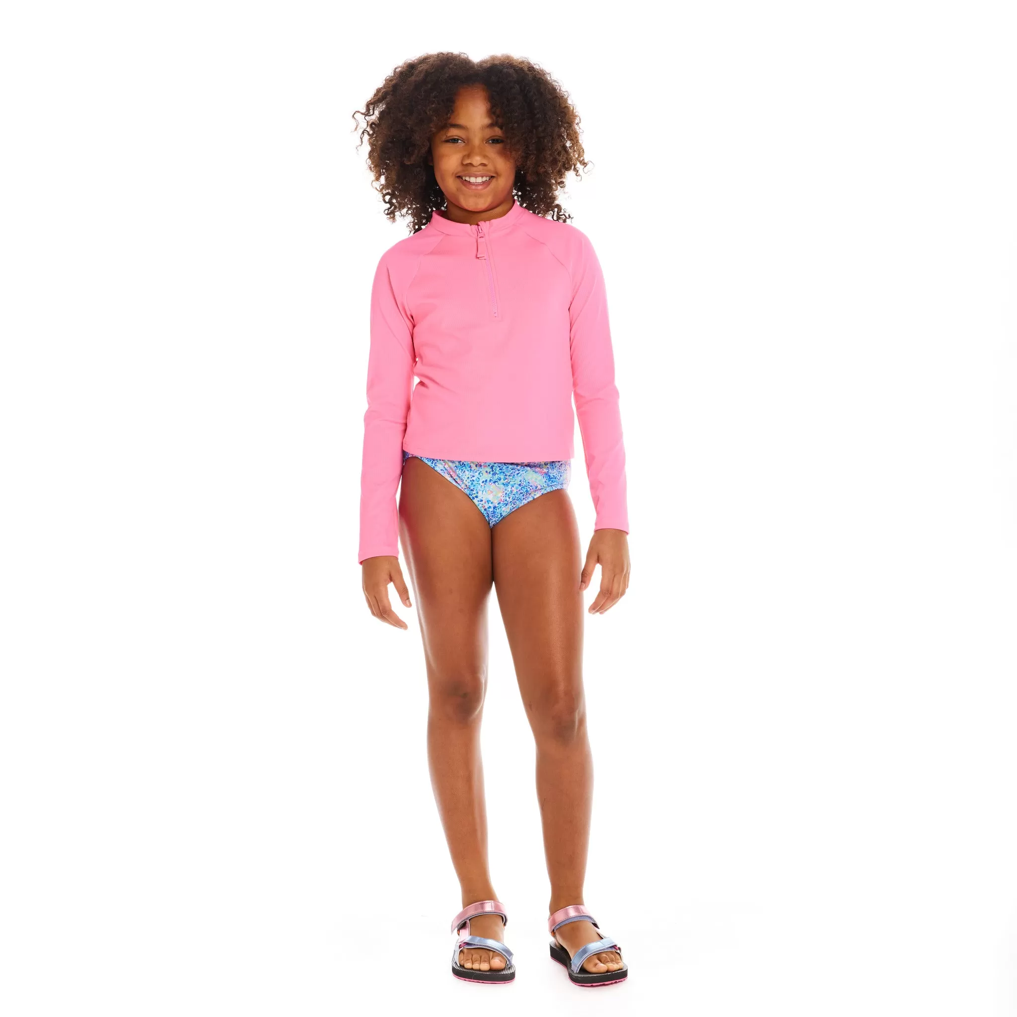 Ribbed Half-Zip Raglan Rashguard Top (Size 7-16 Years)| Pink