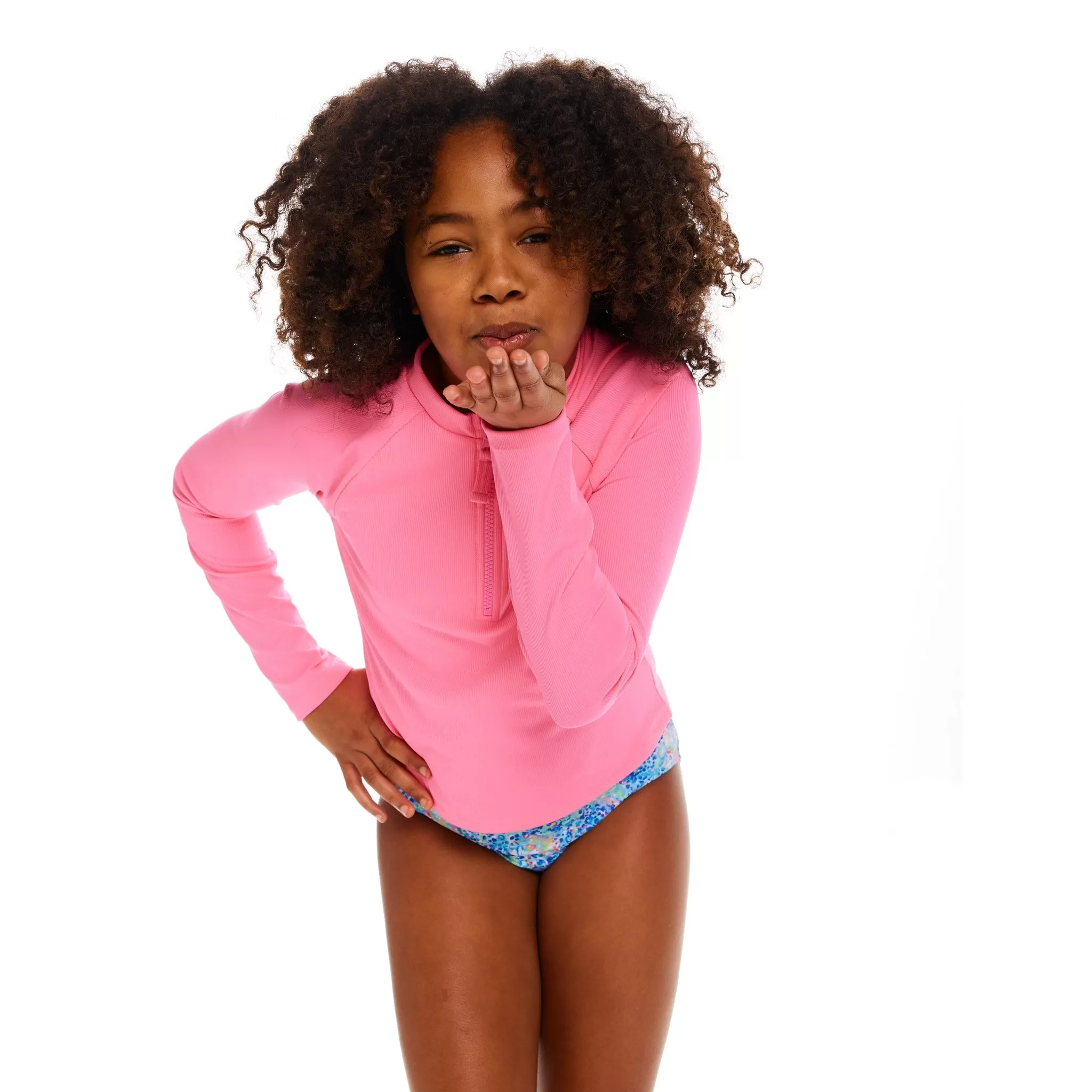 Ribbed Half-Zip Raglan Rashguard Top (Size 7-16 Years)| Pink