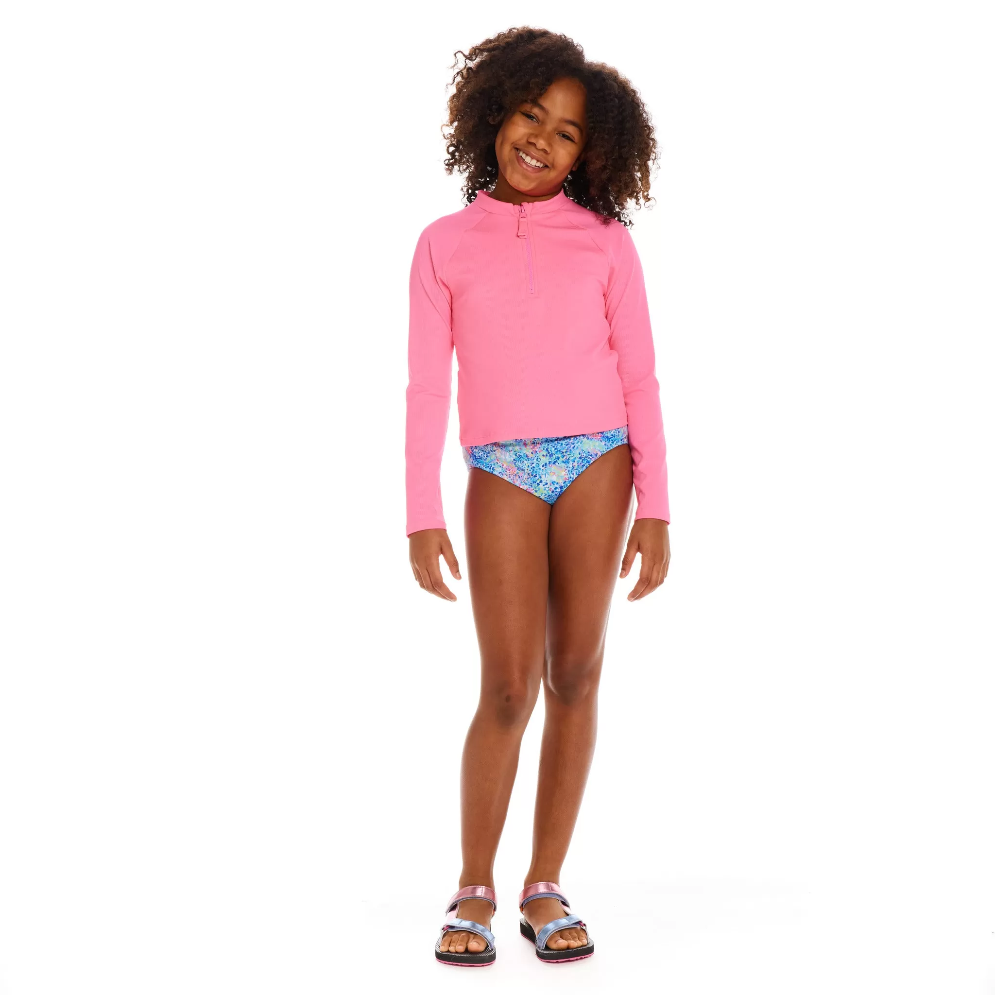 Ribbed Half-Zip Raglan Rashguard Top (Size 7-16 Years)| Pink