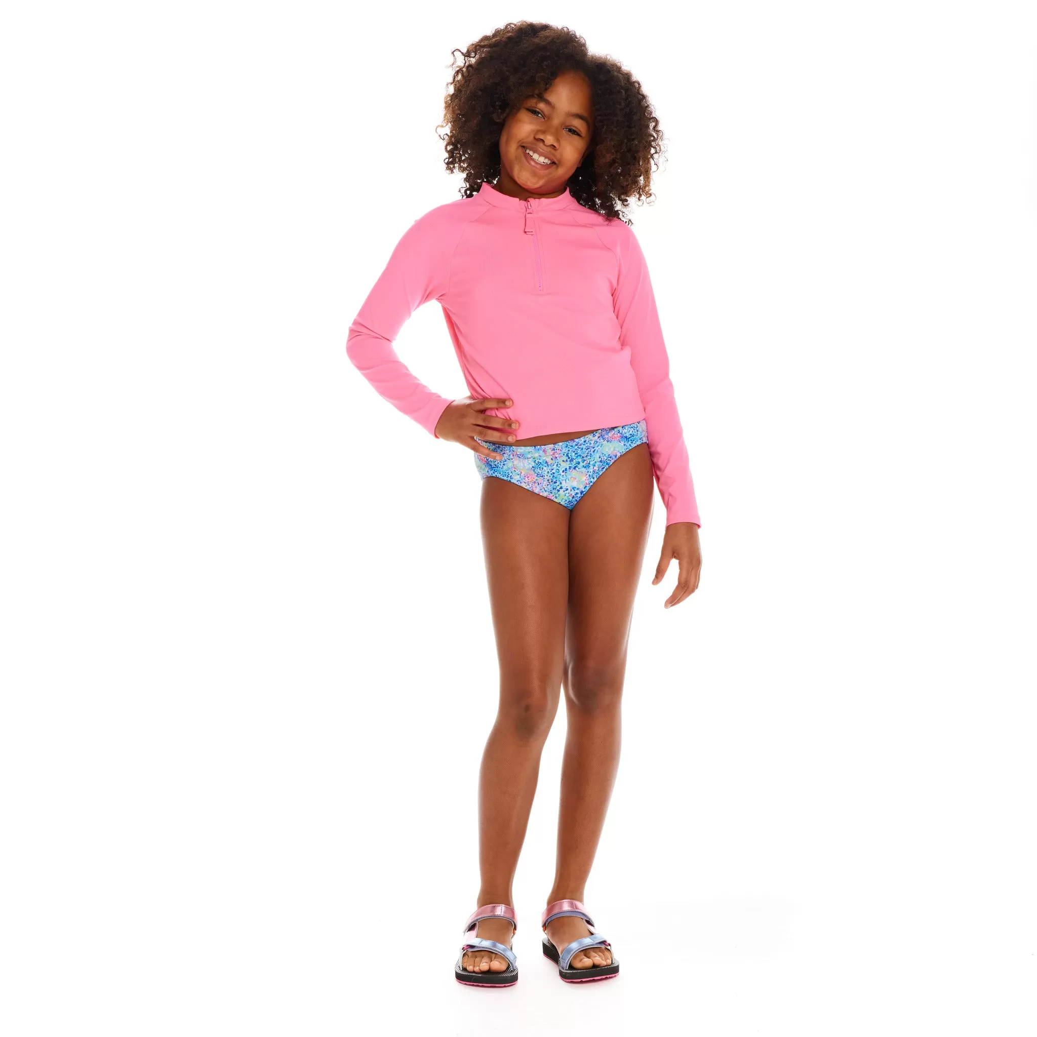 Ribbed Half-Zip Raglan Rashguard Top (Size 7-16 Years)| Pink