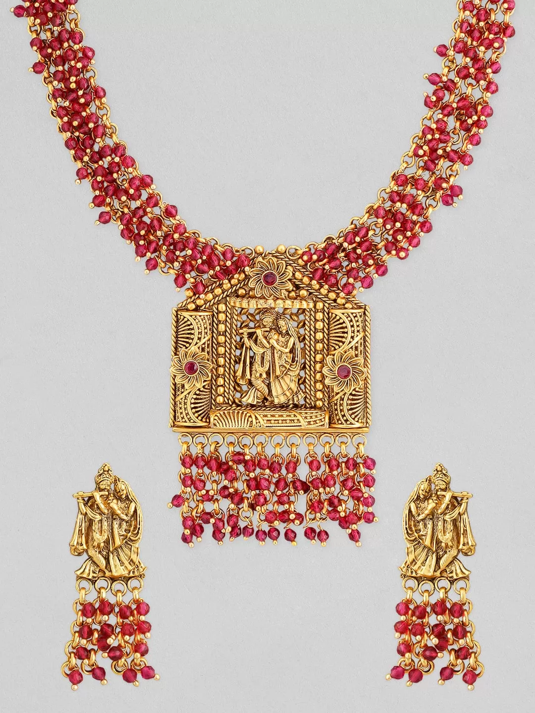 Rubans 24K Gold Plated Temple Necklace Set With Pink Beads.