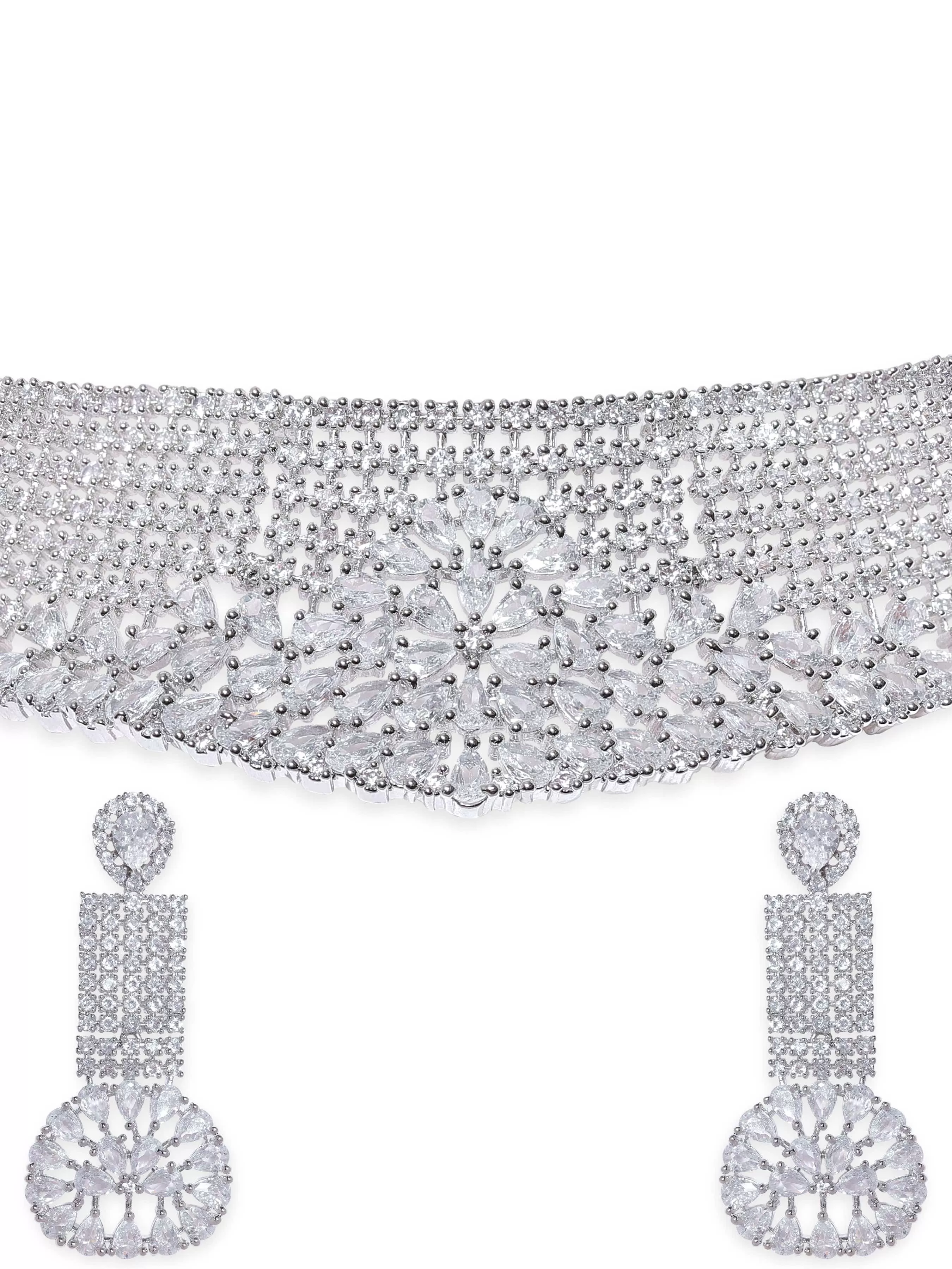 Rubans Rhodium plated pave zirconia studded statement  choker necklace