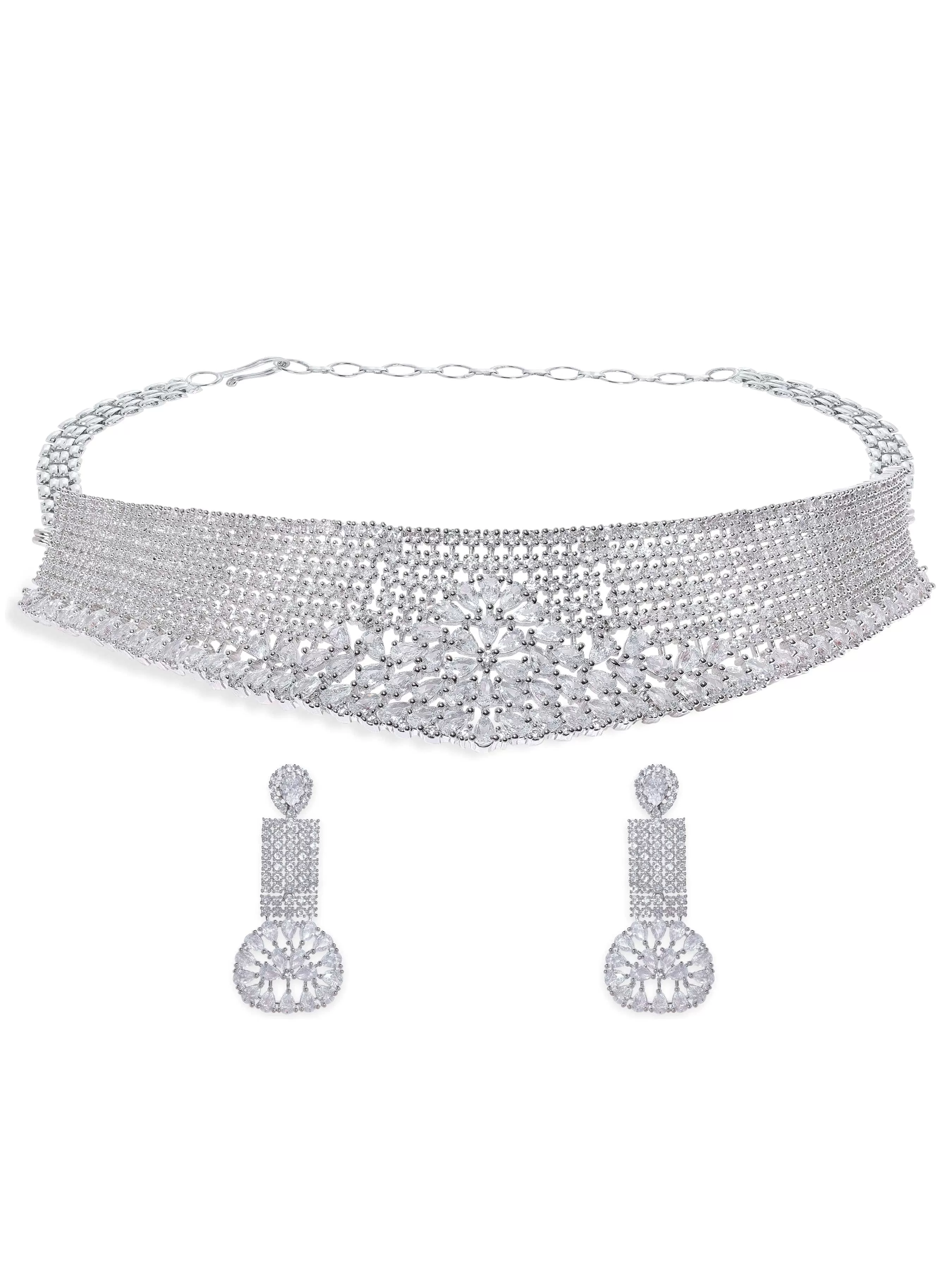 Rubans Rhodium plated pave zirconia studded statement  choker necklace