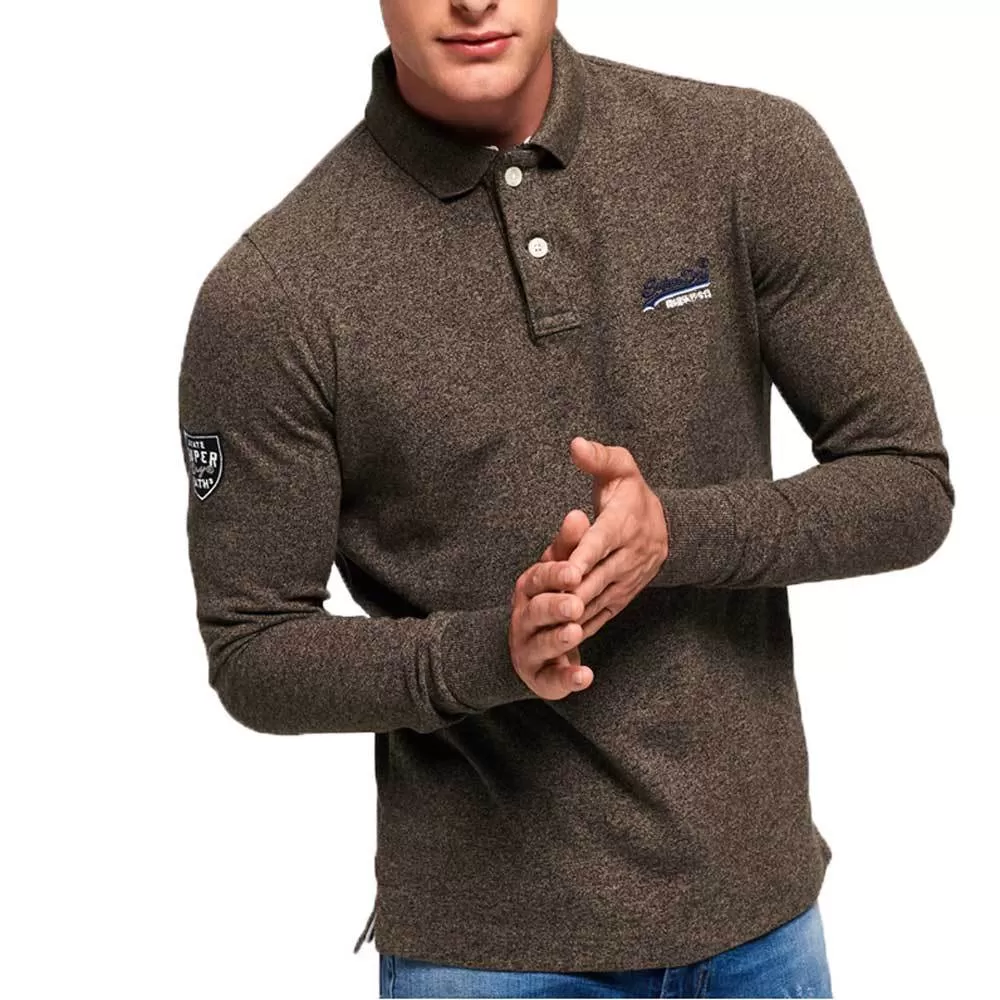 Superdry Classic Long Sleeve Pique Polo Shirt -  Pebble Brown