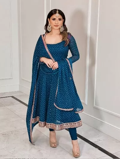 Teal Blue Georgette Long Kurti Dupatta Set UK Next Day