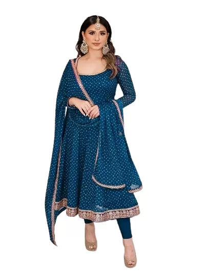 Teal Blue Georgette Long Kurti Dupatta Set UK Next Day