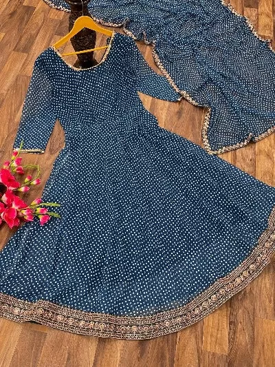 Teal Blue Georgette Long Kurti Dupatta Set UK Next Day